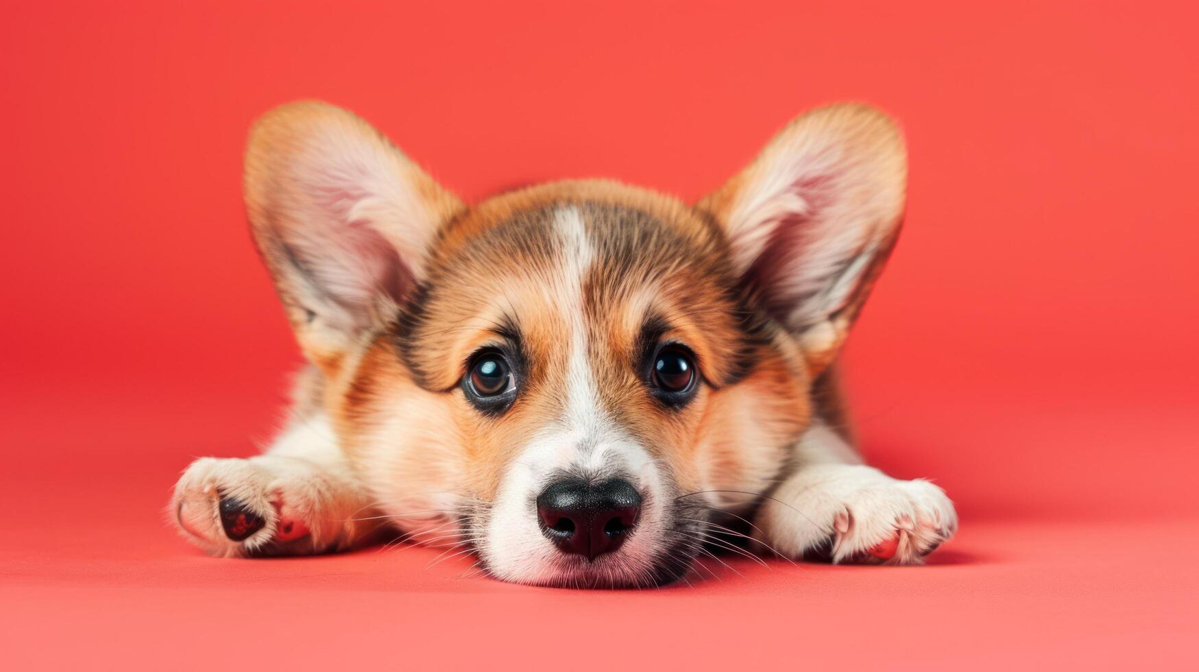 Adorable Corgi Puppy Resting with Big Eyes on Red Background photo