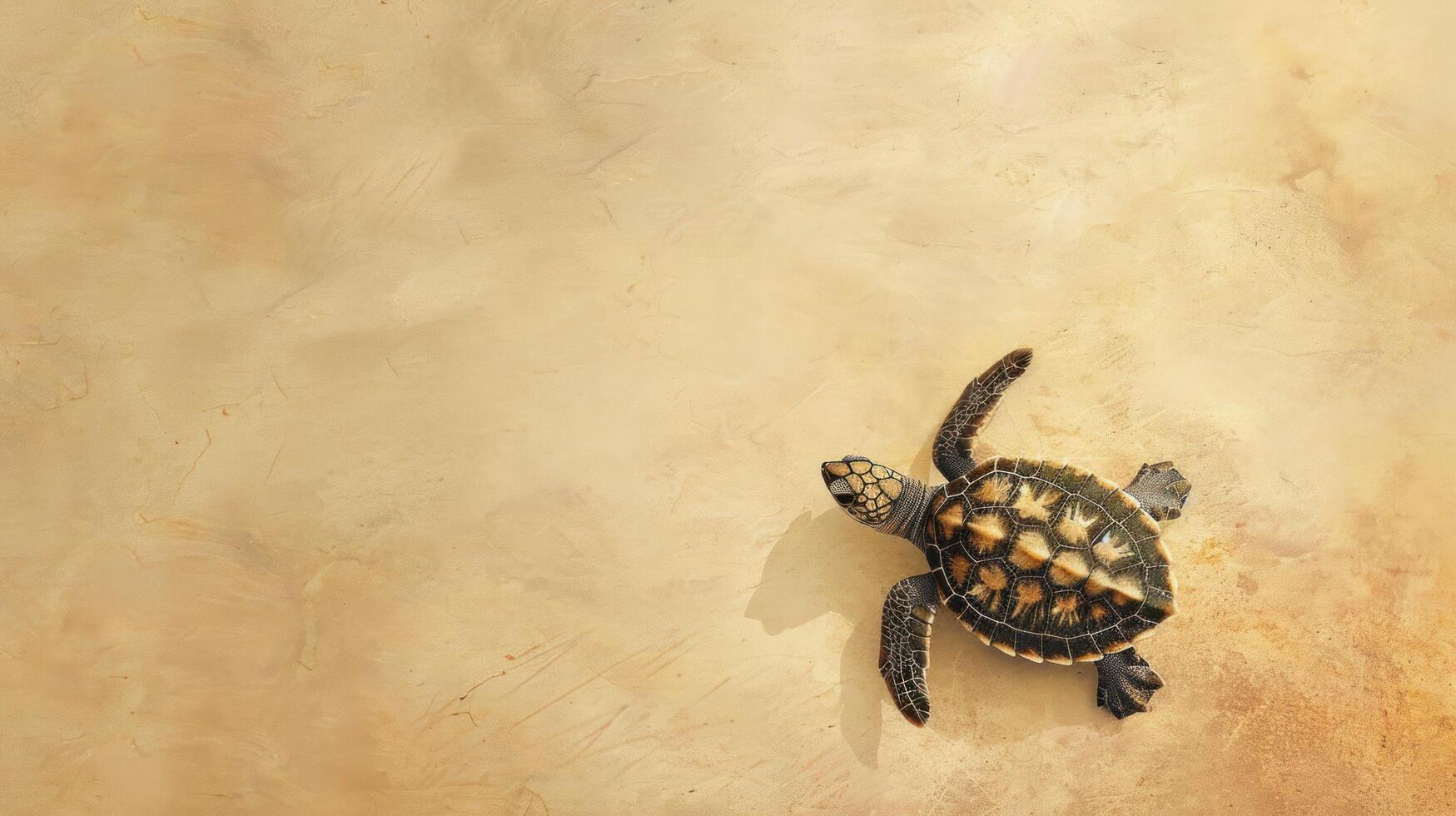 Baby sea turtle on light beige surface photo