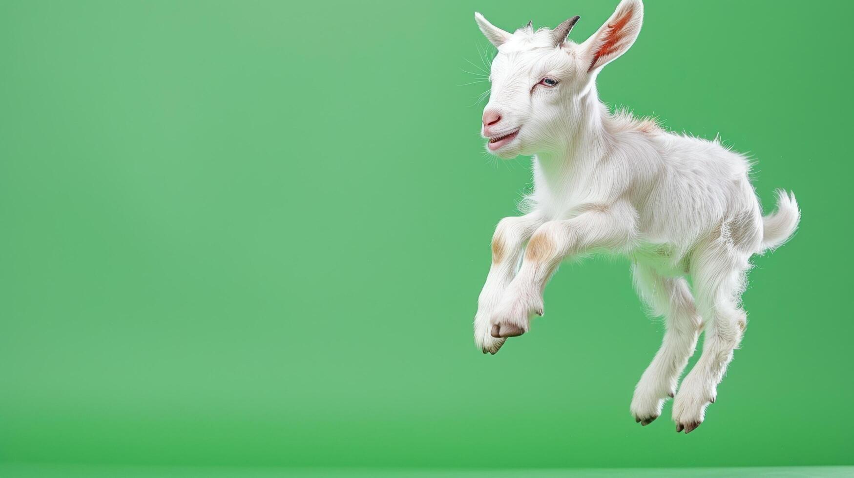 Playful Baby Goat Leaping in the Air, Cute Kid Goat Jumping, Newborn Goat in Motion, Copy Space for Animal Photography or Spring Theme Design photo