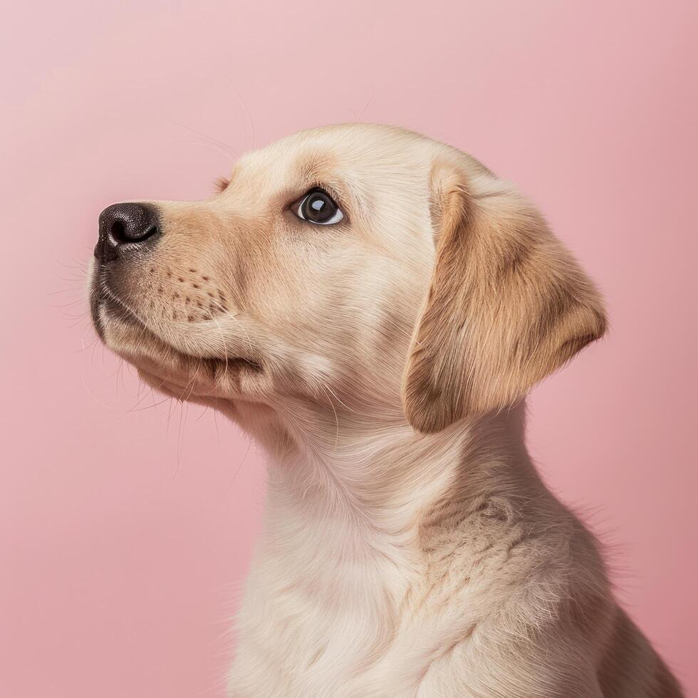 Adorable Golden Retriever Puppy with Soft Fur and Innocent Eyes on Pink Background photo