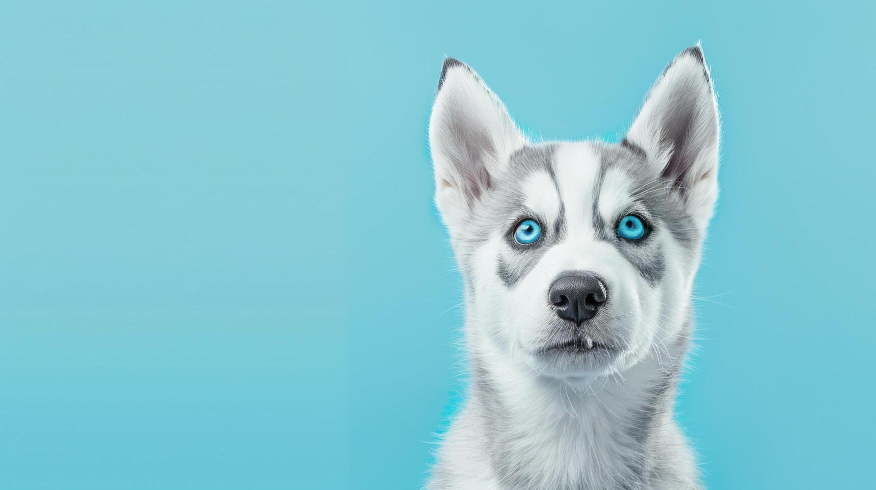 Adorable Husky Puppy with Blue Eyes on Blue Background photo