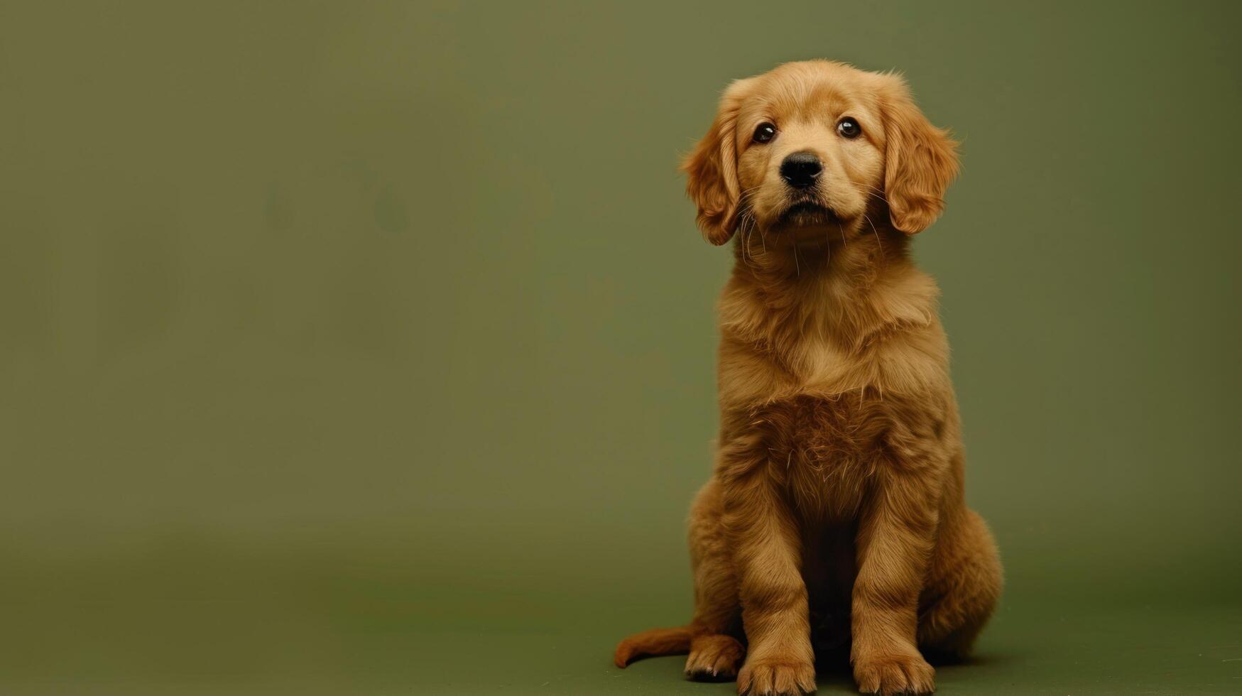 Adorable Golden Retriever Puppy with Soft Fur Sitting on Green Background, Playful and Cute Puppy photo