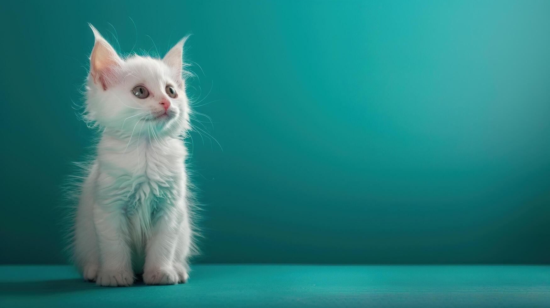 Adorable White Kitten with Green Eyes Sitting on Turquoise Background photo
