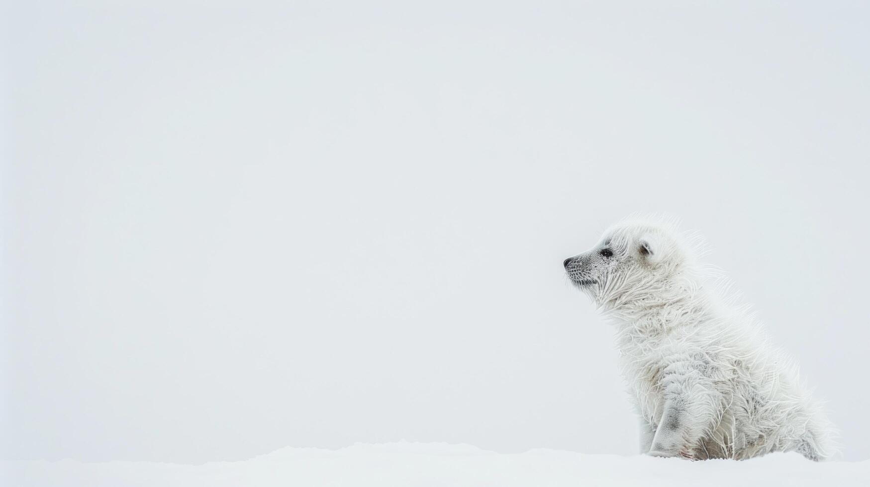 Adorable Arctic Fox Cub Sitting in Snow with Soft Fur and Copy Space for Winter Wildlife Photography or Campaigns photo