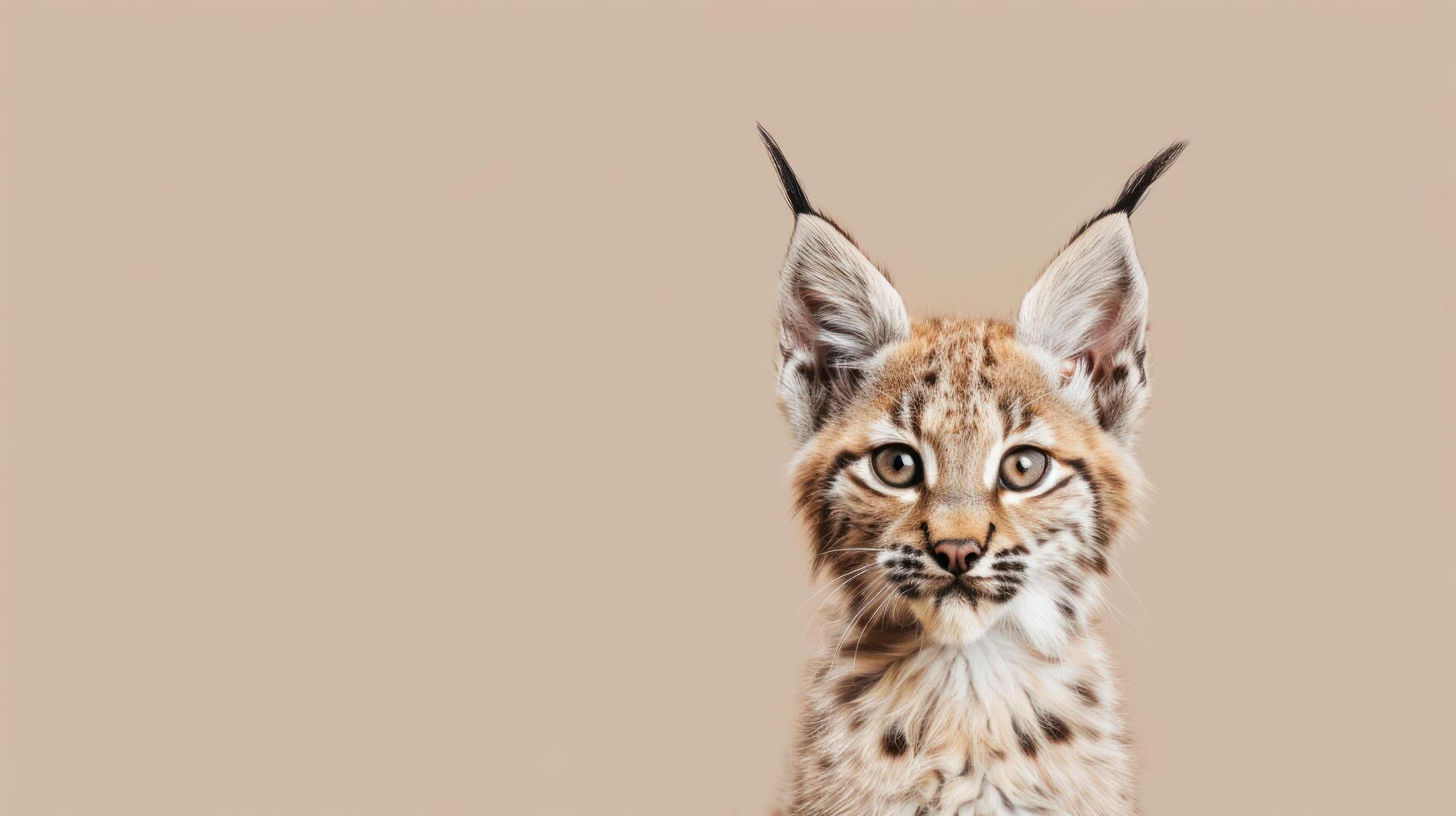 Adorable Lynx Cub Close-Up with Striking Eyes on a Neutral Background photo