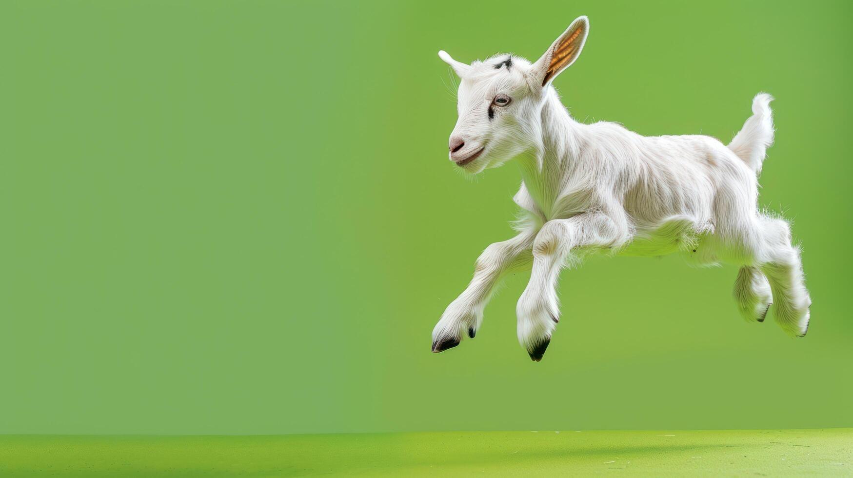 Playful Baby Goat Leaping in the Air, Cute Kid Goat Jumping with Happy Expression, Green Background, Copy Space for Farm Animal or Nature Photography photo