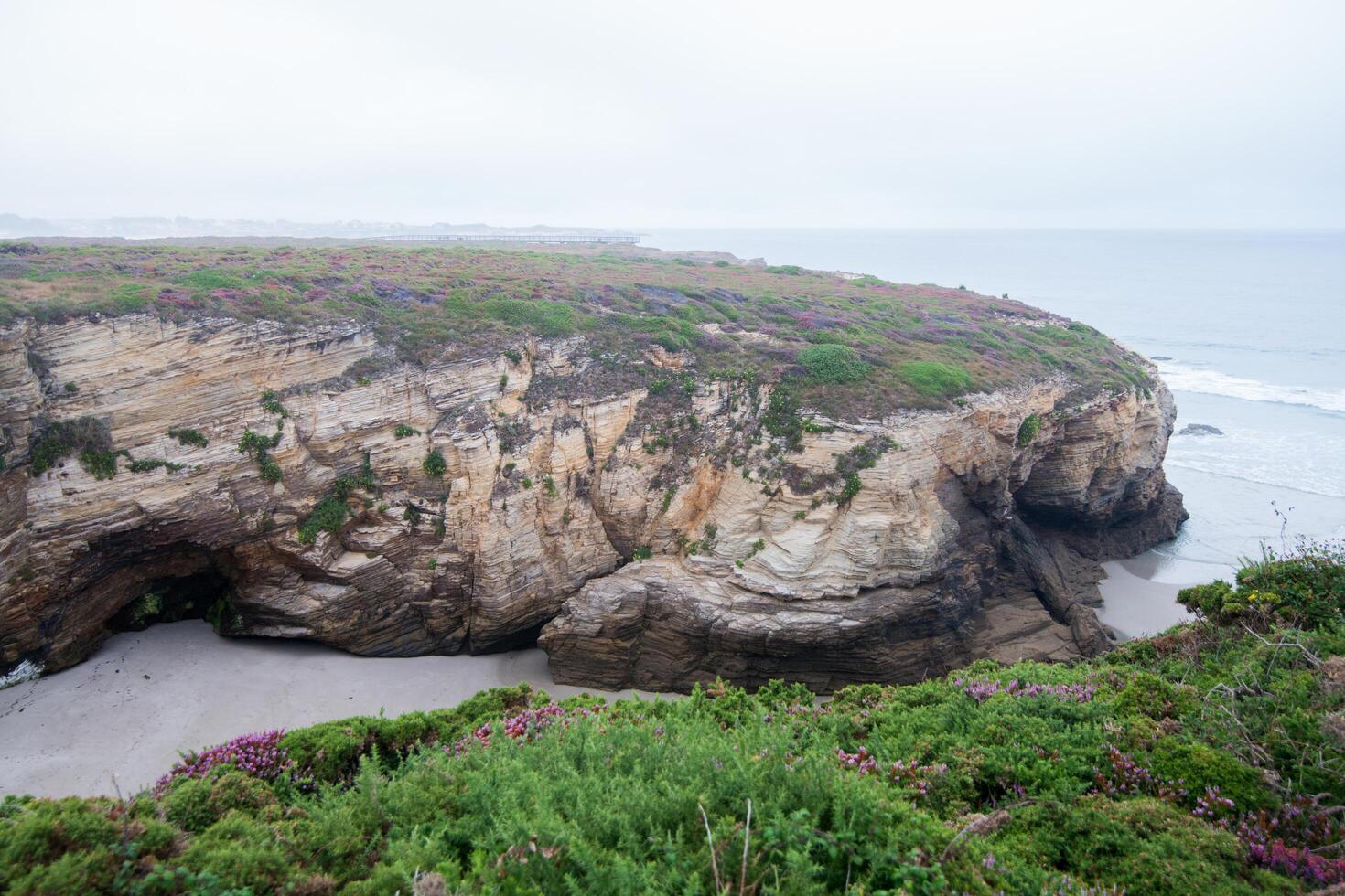 Aerial view of Catherals beach. Green cliffs along the coastline photo