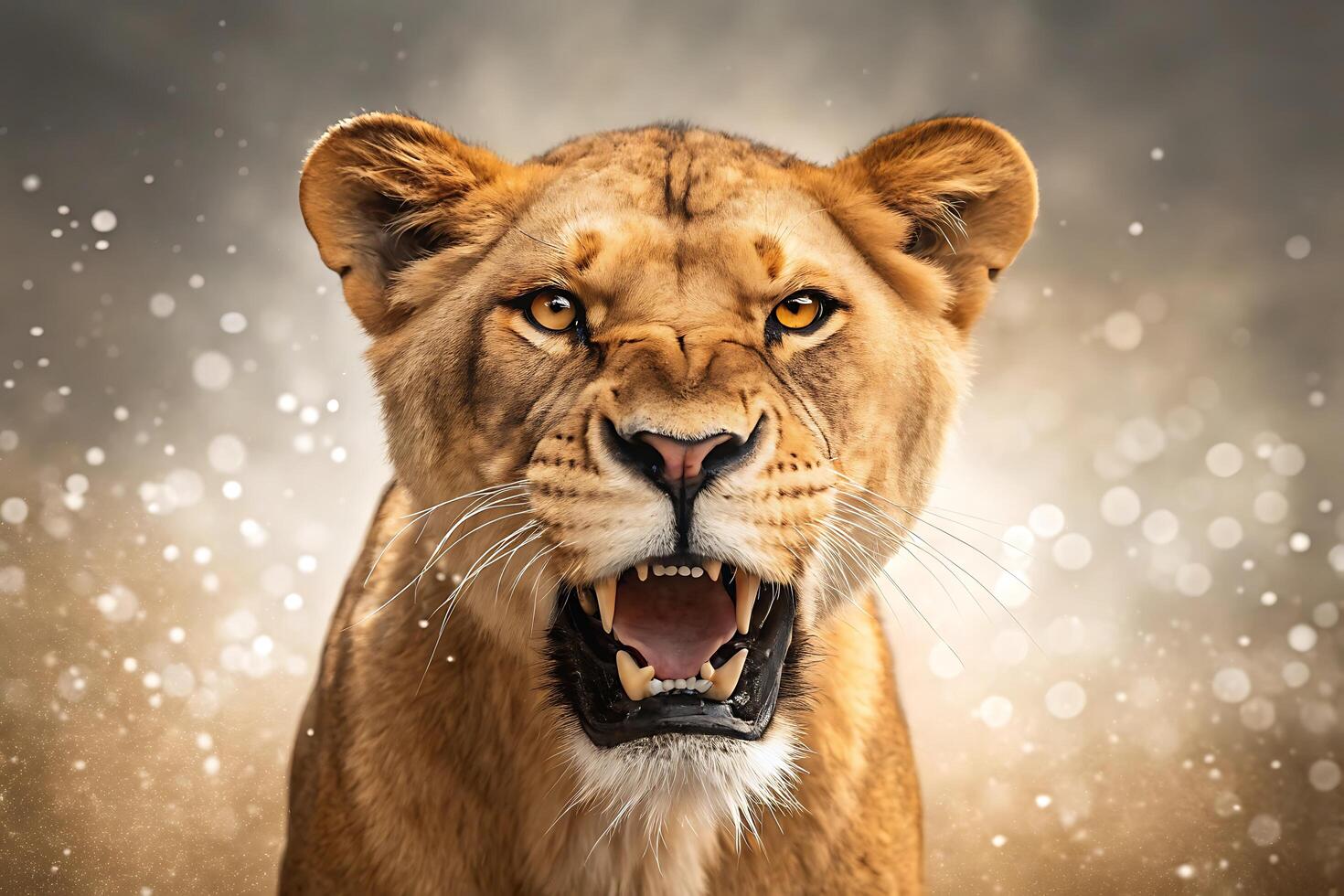 Powerful lioness displays aggressive roar with sharp teeth and intense gaze close up photo