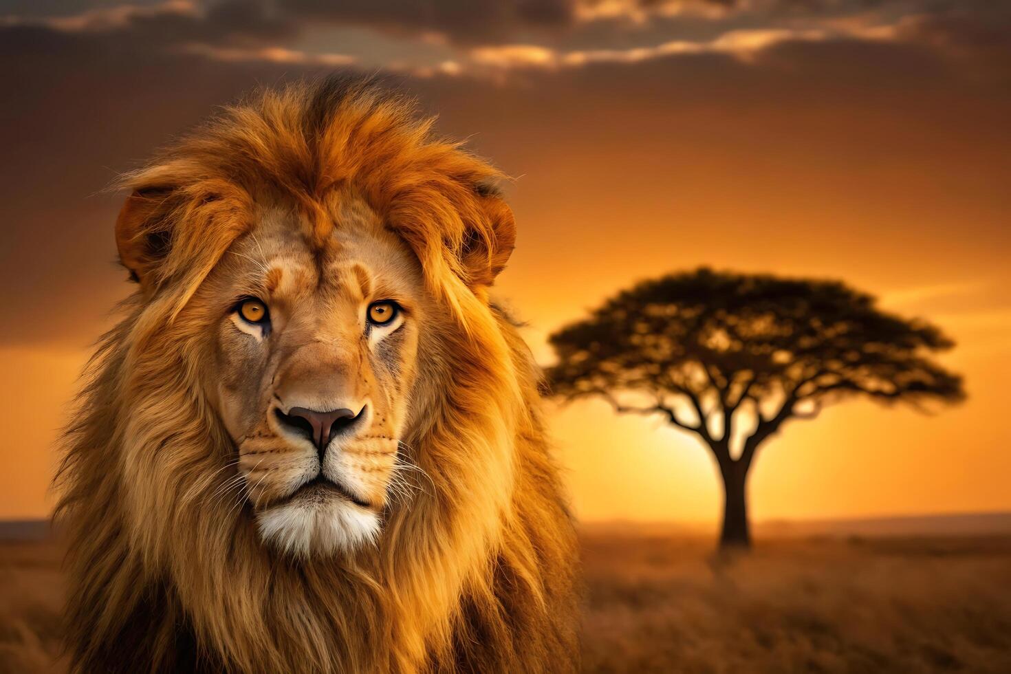 Majestic lion staring directly at the viewer with an african sunset background photo