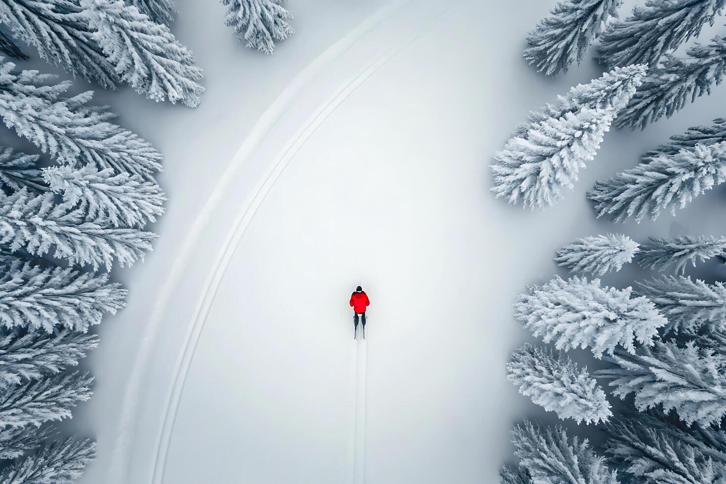 Aerial view of a cross country skier in a winter wonderland surrounded by snowy trees photo