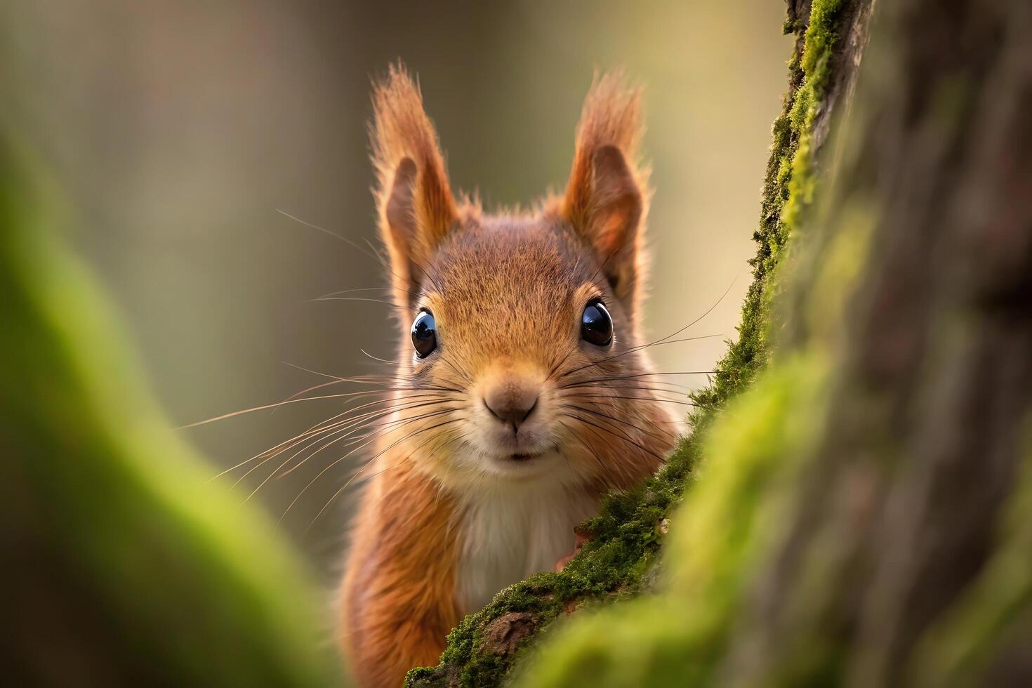Adorable red squirrel peeking from behind a mossy tree branch in a natural habitat photo