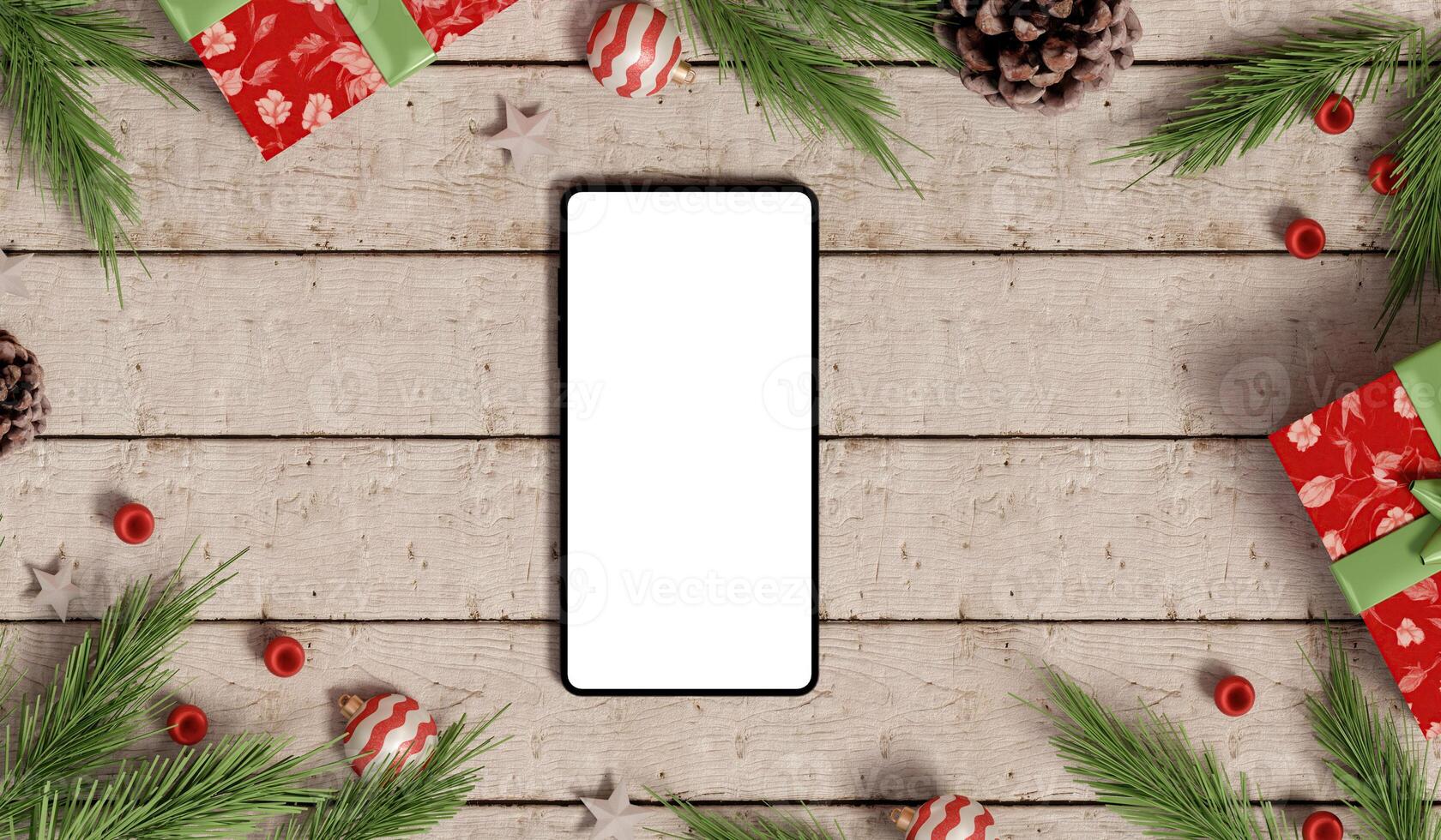 Smartphone mockup with Christmas gifts and ornaments, 3D render photo