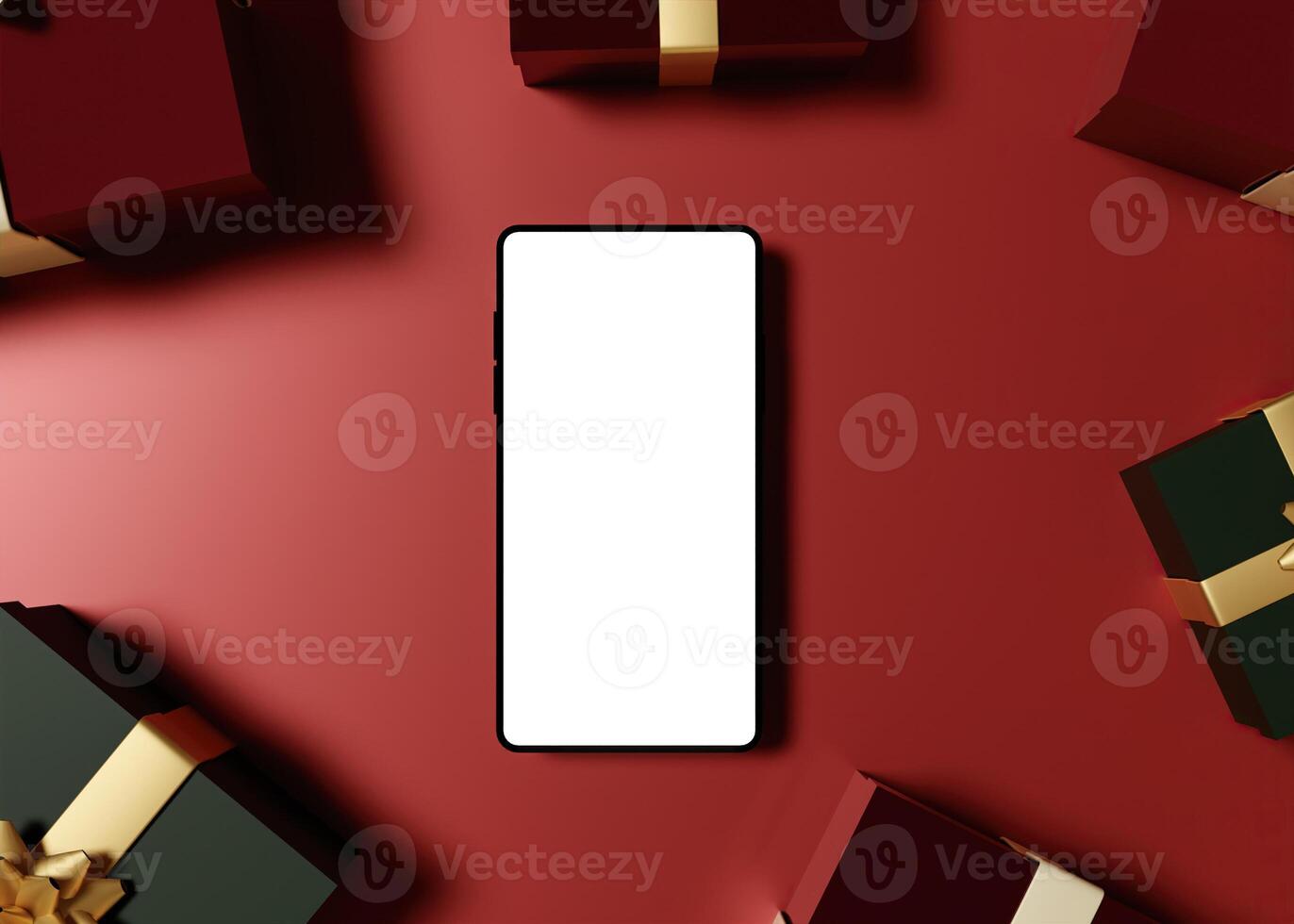 Smartphone mockup with gift boxes on red background, 3D render photo