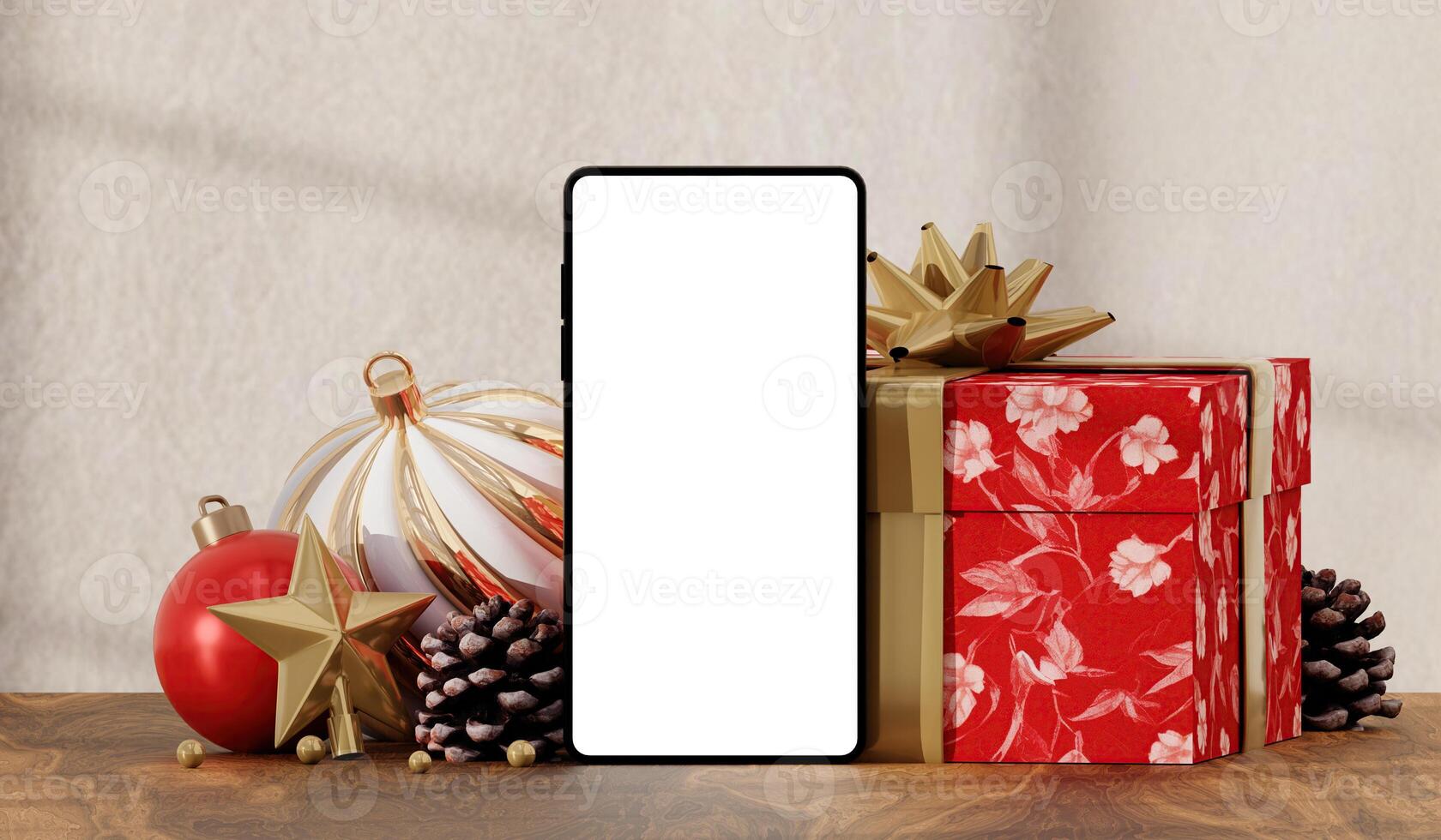 Holiday smartphone mockup with decorative gifts and stars, 3D render photo