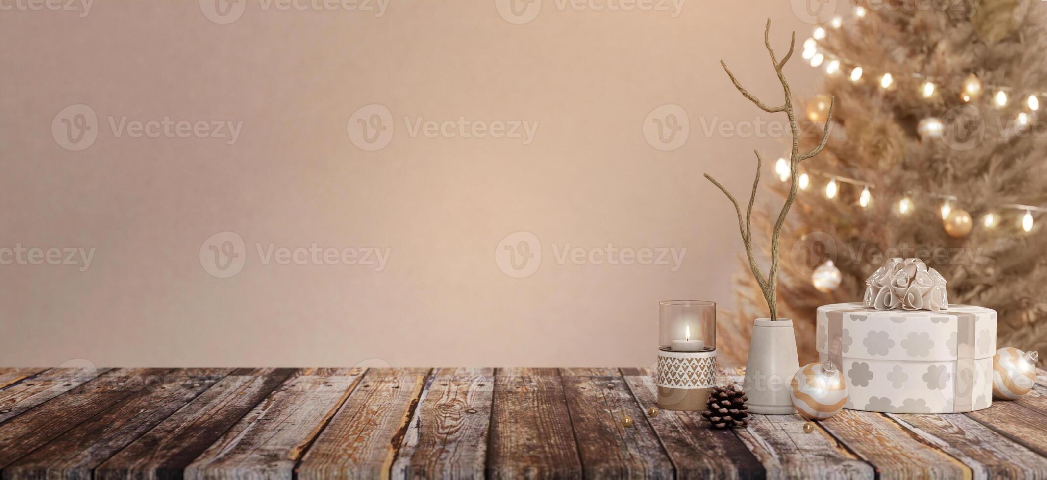 Cozy tabletop decor with candles and Christmas tree, serene 3D render. photo