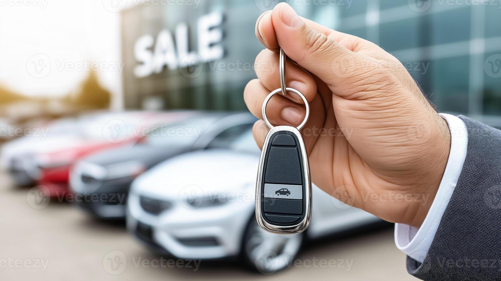 Male hand in a business suit holding car keys in front of a new car lot and a Sale banner. Concept of dealership, buying and choosing a car. photo