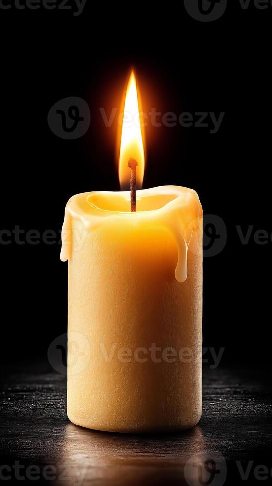 Single burning candle on a dark background with copy space. Symbol of remembrance, mourning, grief, prayer, eternal memory, memorial day or funeral ceremony. photo