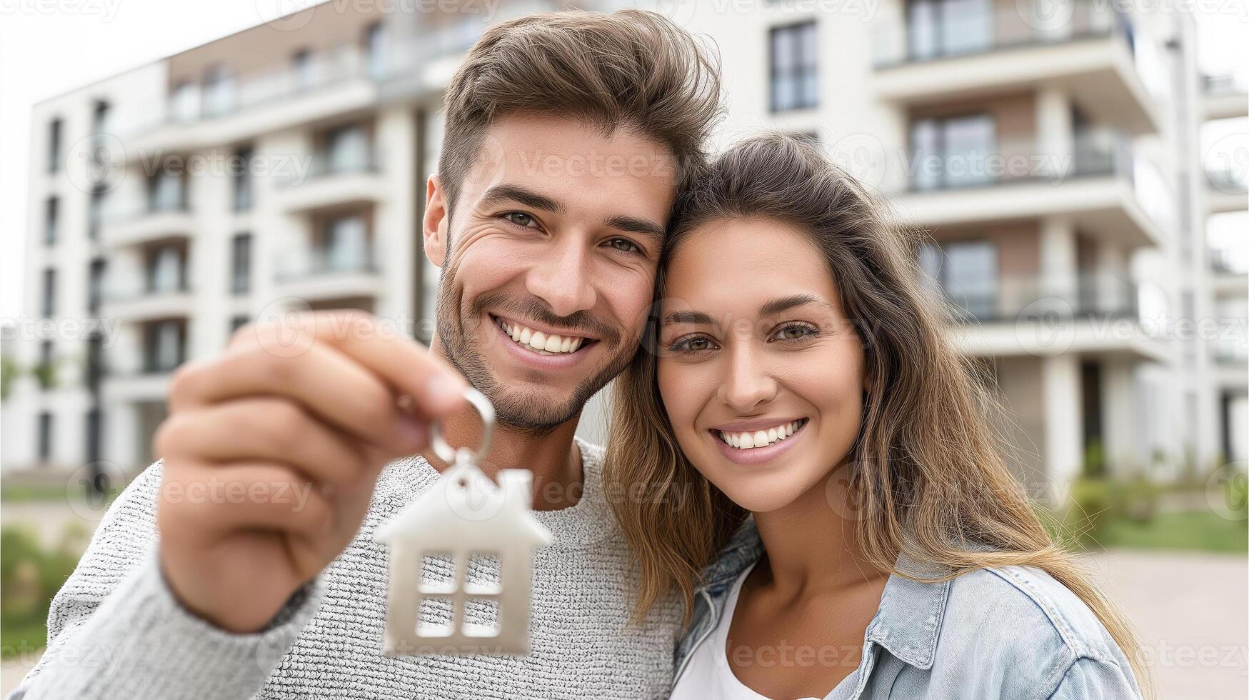 Young married couple holding house keychain against modern residential complex background, concept of buying new home, mortgage, lending, achieving dream of owning home and starting new life. photo