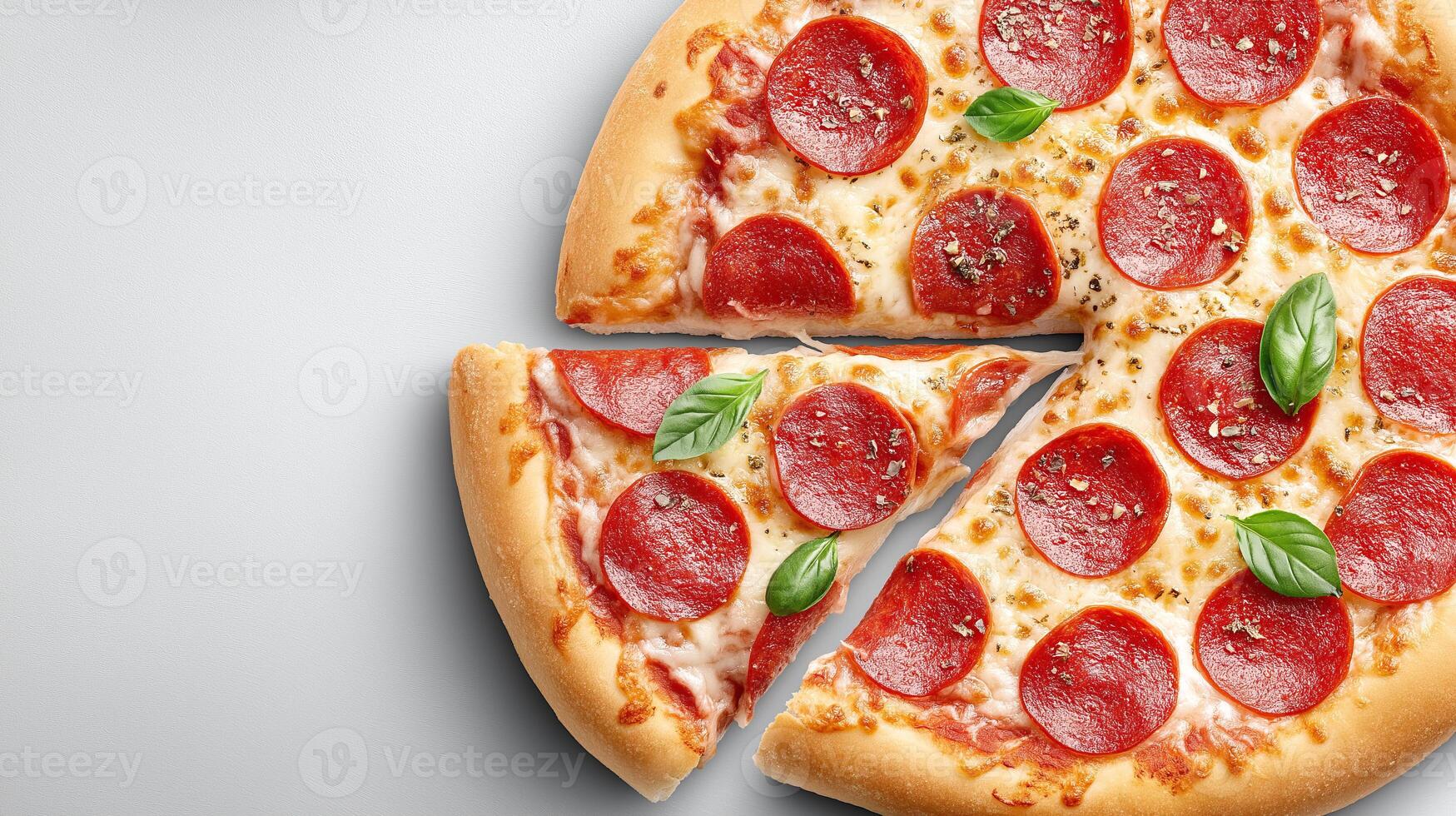 Pizza with juicy melted cheese and a cut slice, set against a gray background photo