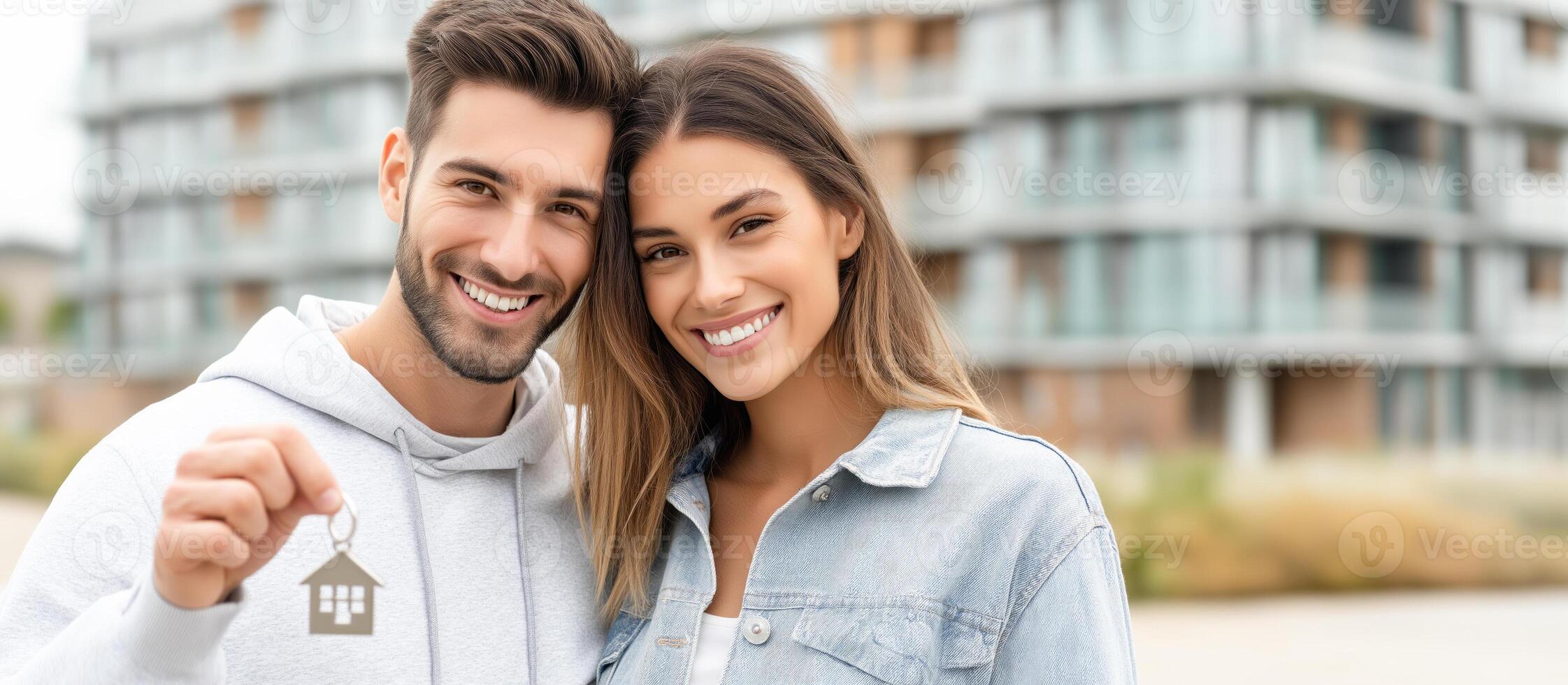 Young married couple holding house keychain against modern residential complex background photo