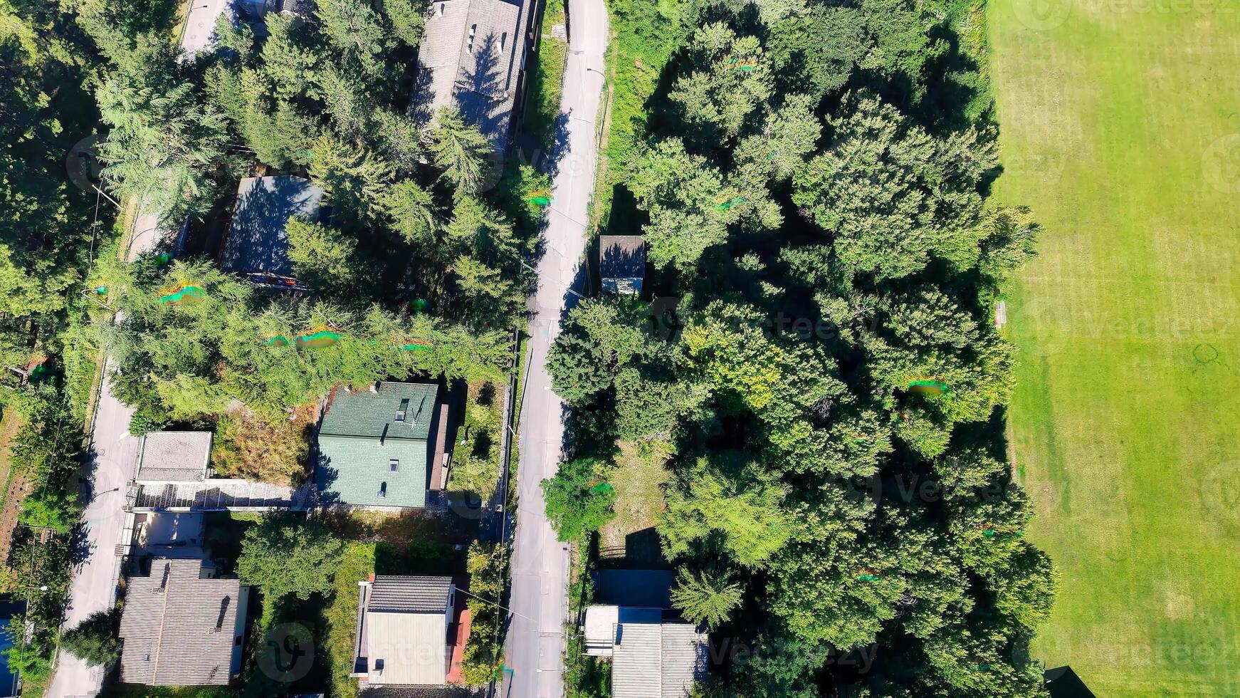 Overhead view captures the charm of a quiet suburban neighborhood embraced by lush greenery and winding roads photo