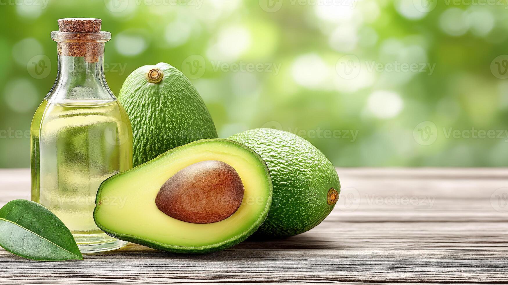 Natural avocado oil and fruits on a wooden table in the garden. Eco-style, wellness, freshness. Space for text. photo