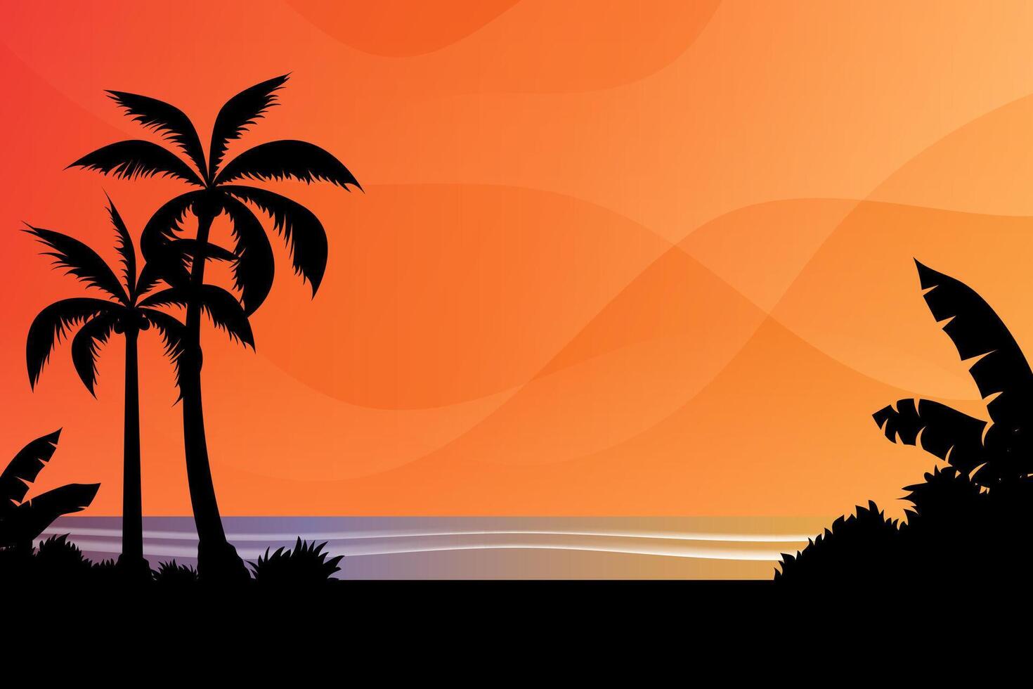 A stunning sunset background at the beach with silhouetted coconut trees vector