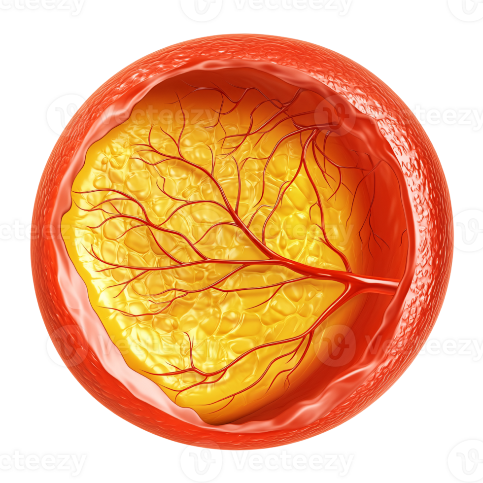 Atherosclerosis illustration showing plaque buildup inside artery with blood vessels, concept of cardiovascular disease and cholesterol png