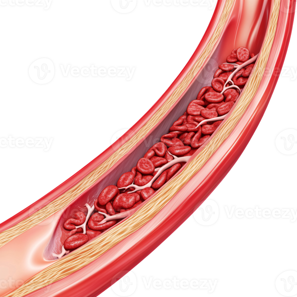 Illustration of blood clot inside artery, blocking blood flow and causing thrombosis Concept of cardiovascular disease, healthcare, and medical condition png