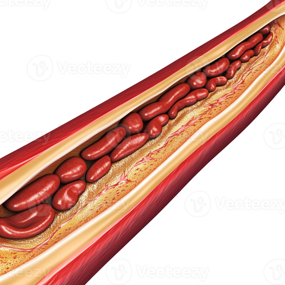 Detailed 3D rendering of a blood vessel with red blood cells, illustrating atherosclerosis and plaque buildup Concept of cardiovascular disease, cholesterol, and medical illustration png