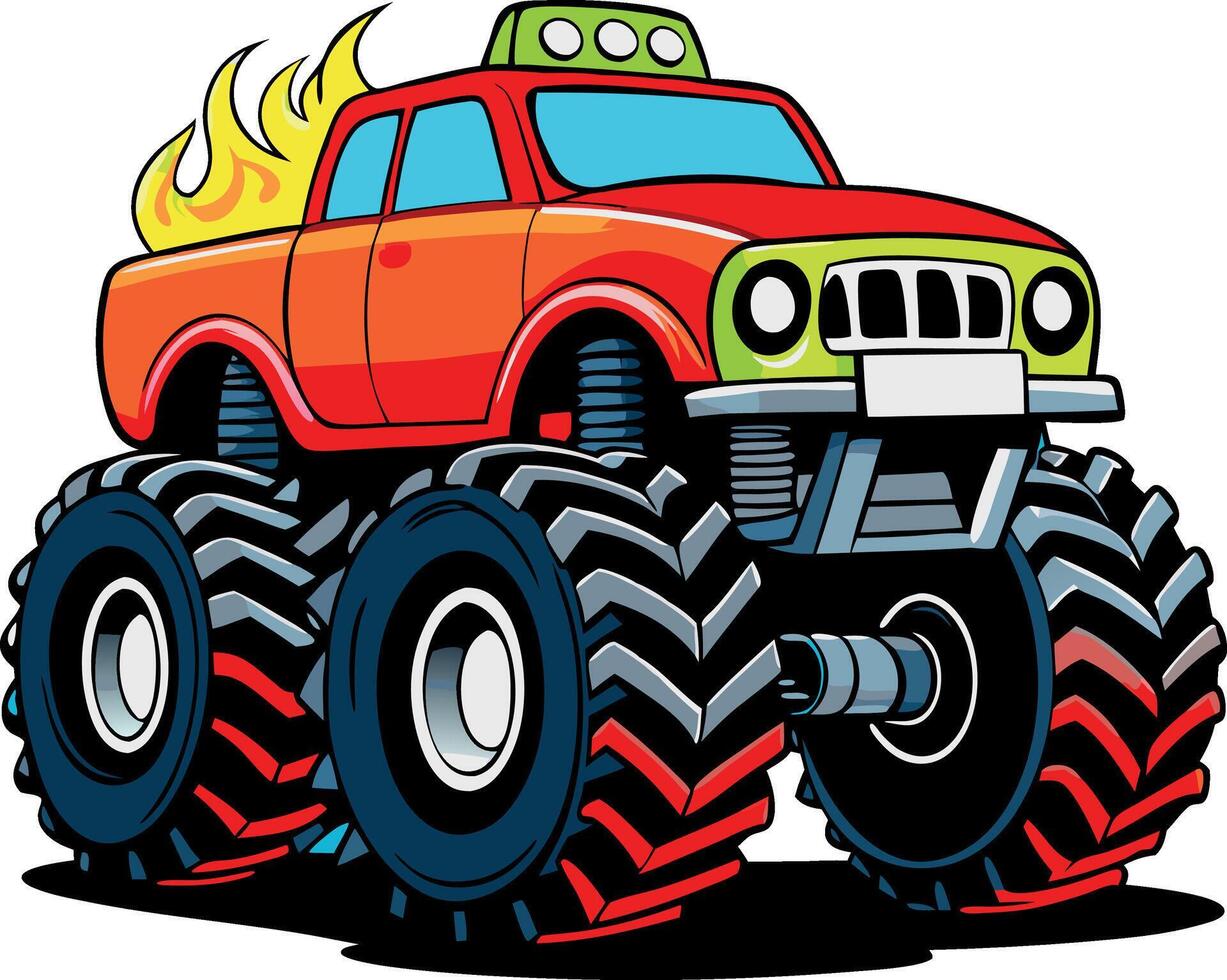 Cartoon monster truck with fire vector