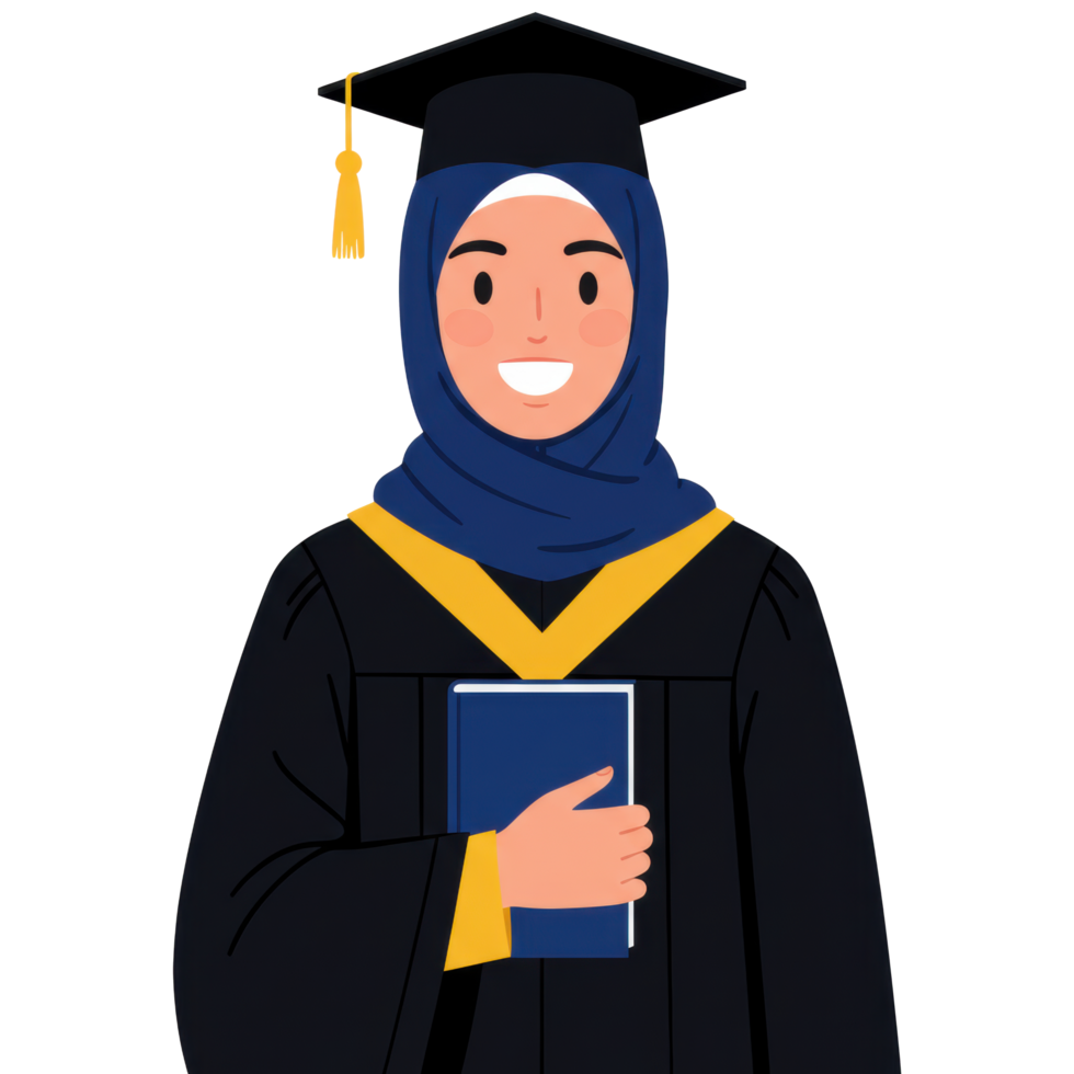 Illustrative portrayal of a cheerful graduate with hijab symbolizing academic achievement png