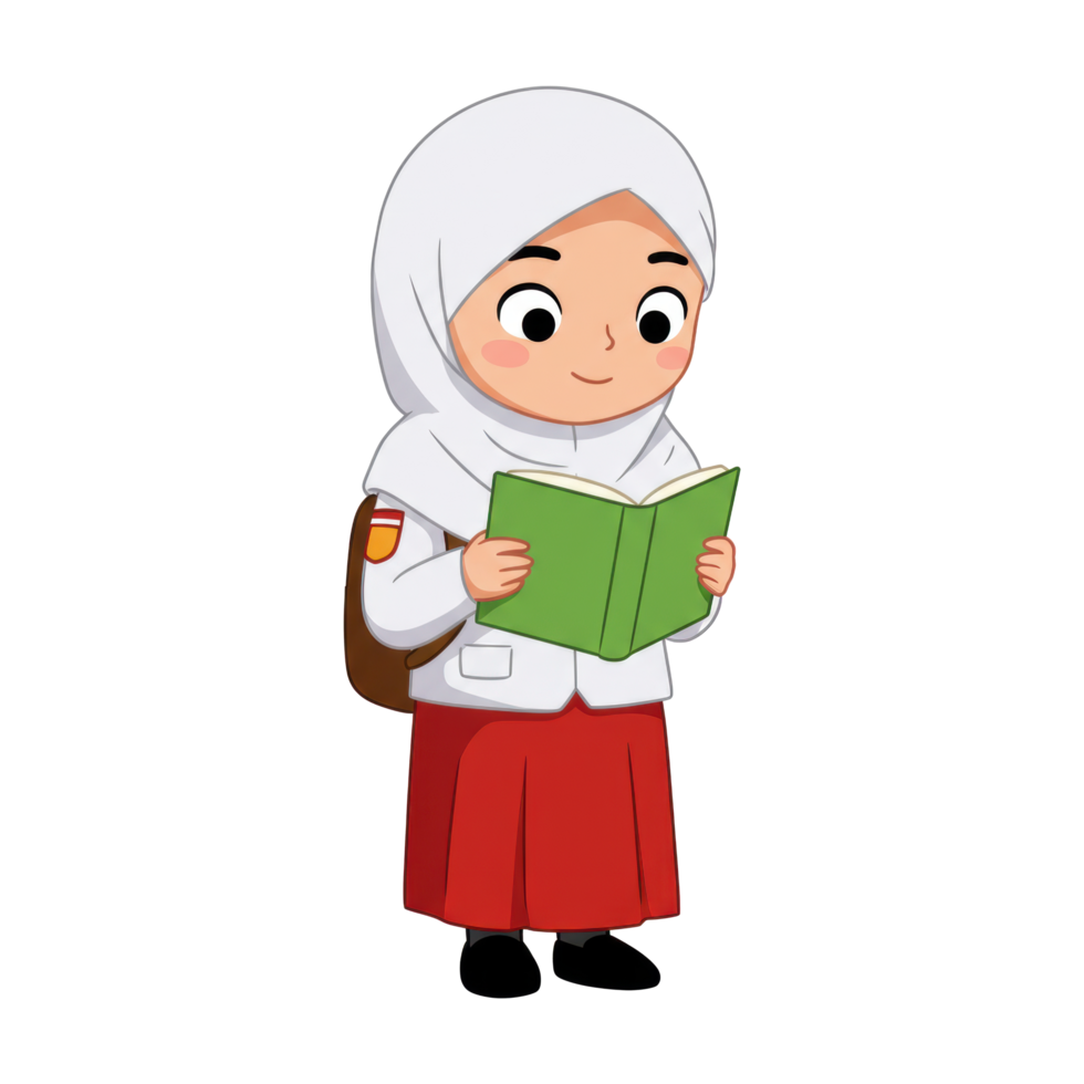 Animated muslim student intently reading a book in school uniform artwork png