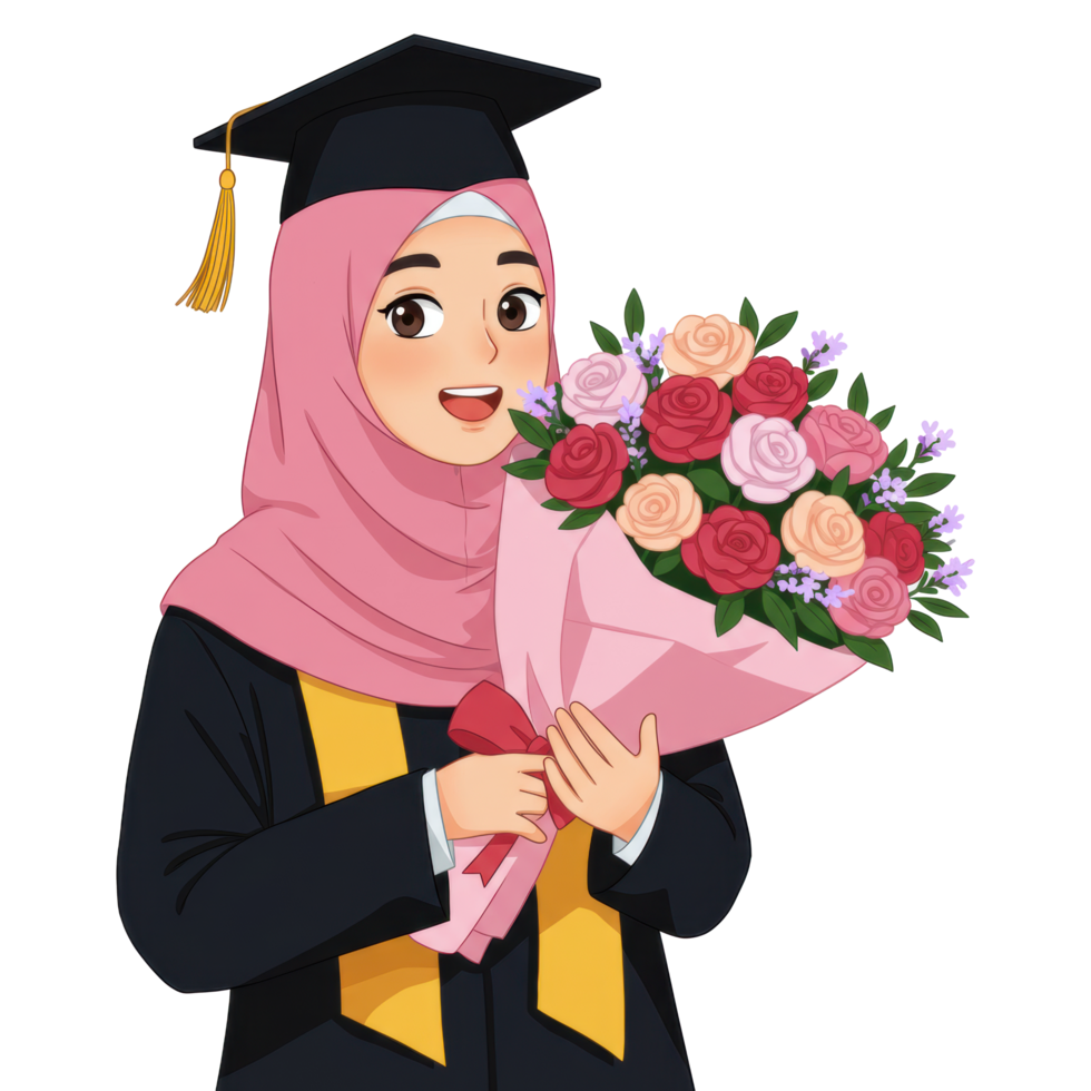 Cartoon illustration of a graduate woman in hijab holding a bouquet of flowers png