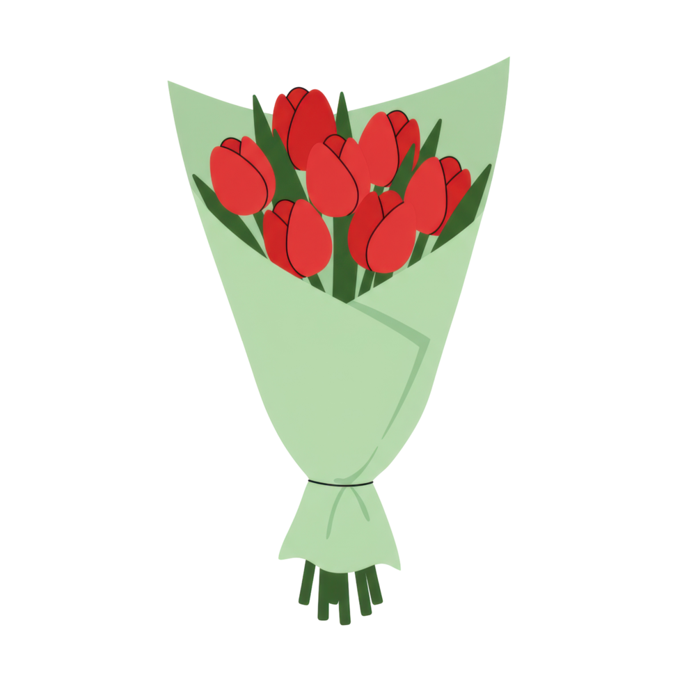 Charming depiction of vibrant red tulip bouquet wrapped in celadon paper art png