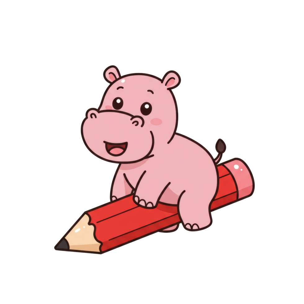Cartoon hippo character riding a pencil, illustrating education and creativity png