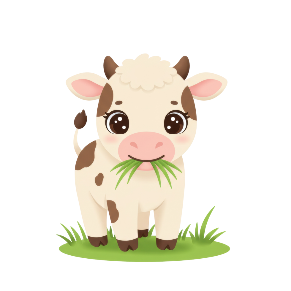 Whimsical Illustration of a Cheerful Calf Munching Grass on Lush Green Patch png