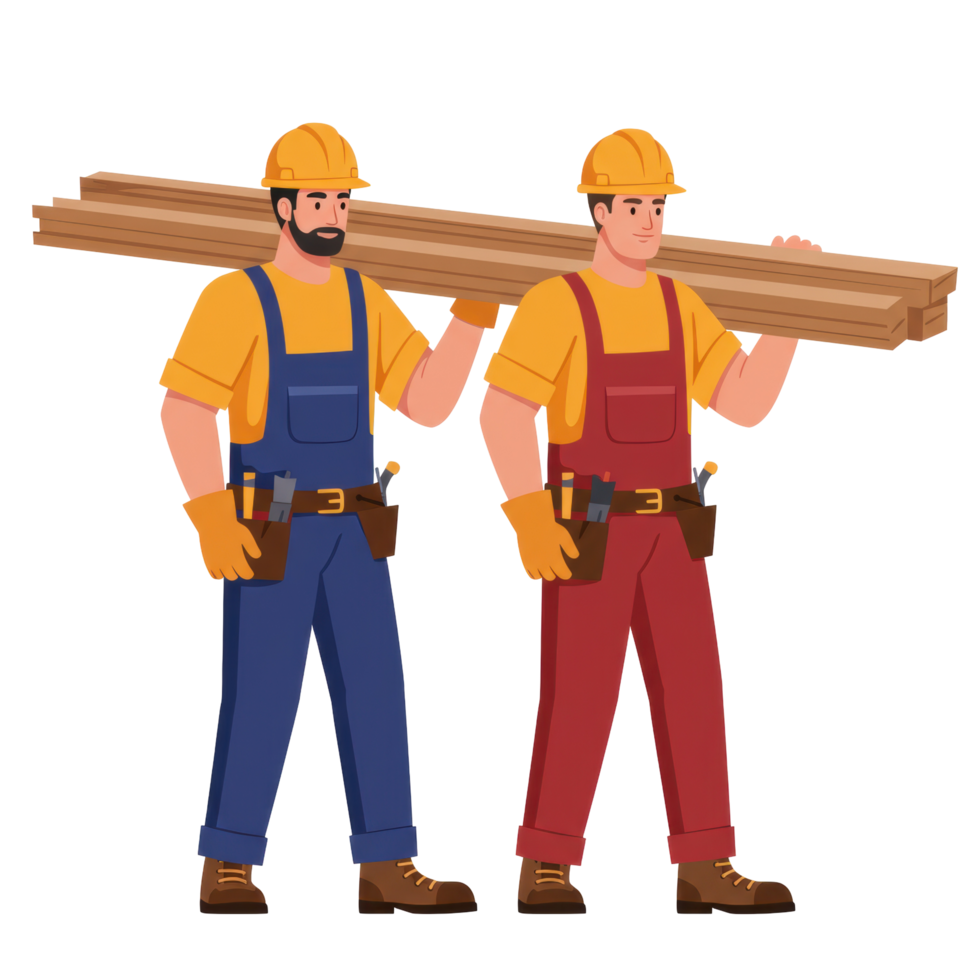 Construction workers carrying lumber at a construction site with protective equipment png