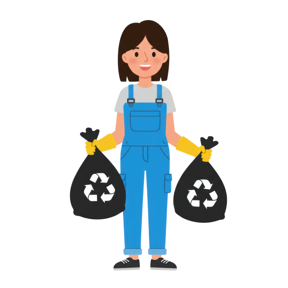 Illustration of a cheerful sanitation worker carrying garbage bags with recycle symbol png