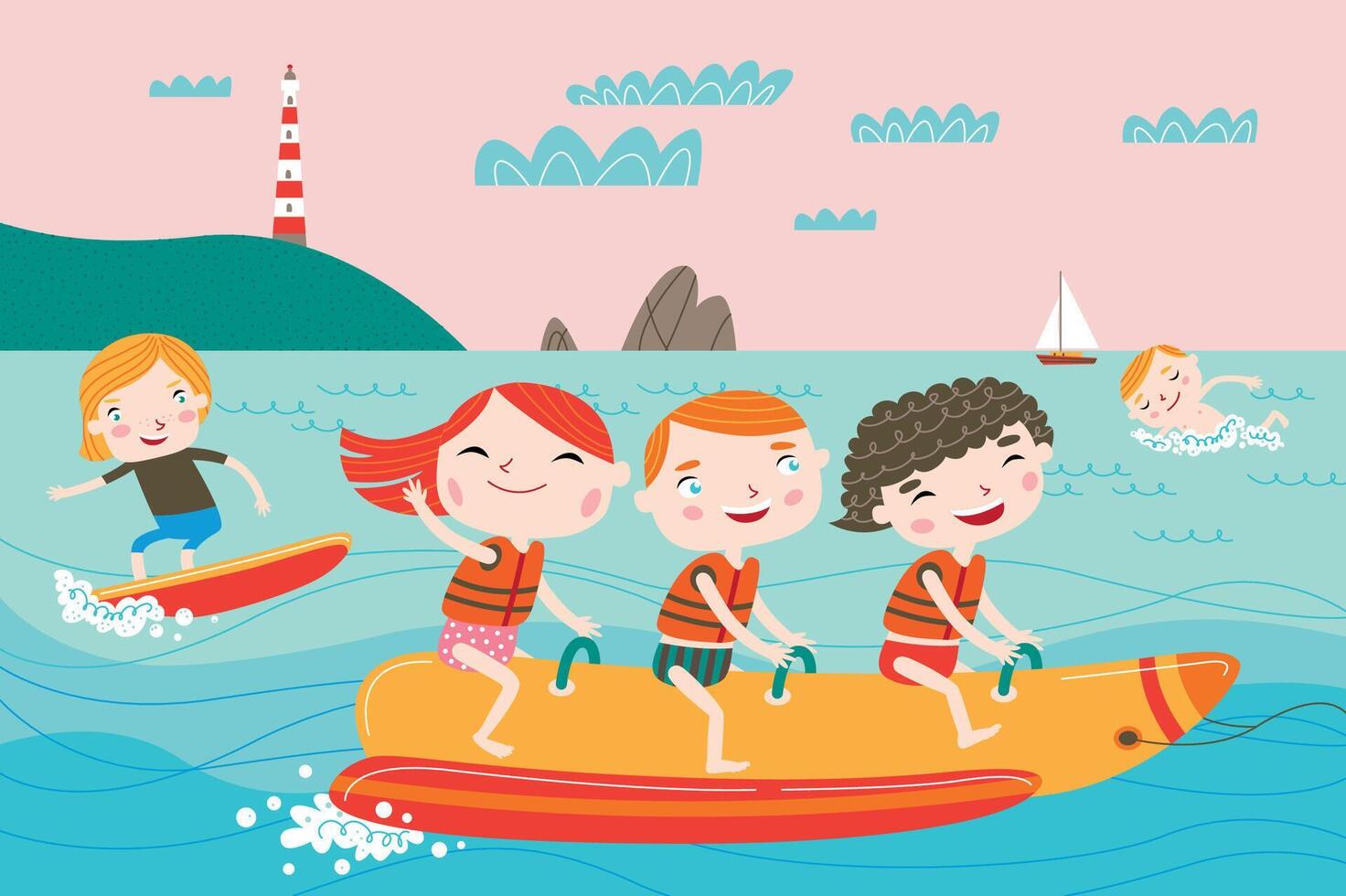 Happy Children Riding Jet Skis and Bananas in the Sea - Summer Fun Illustration vector