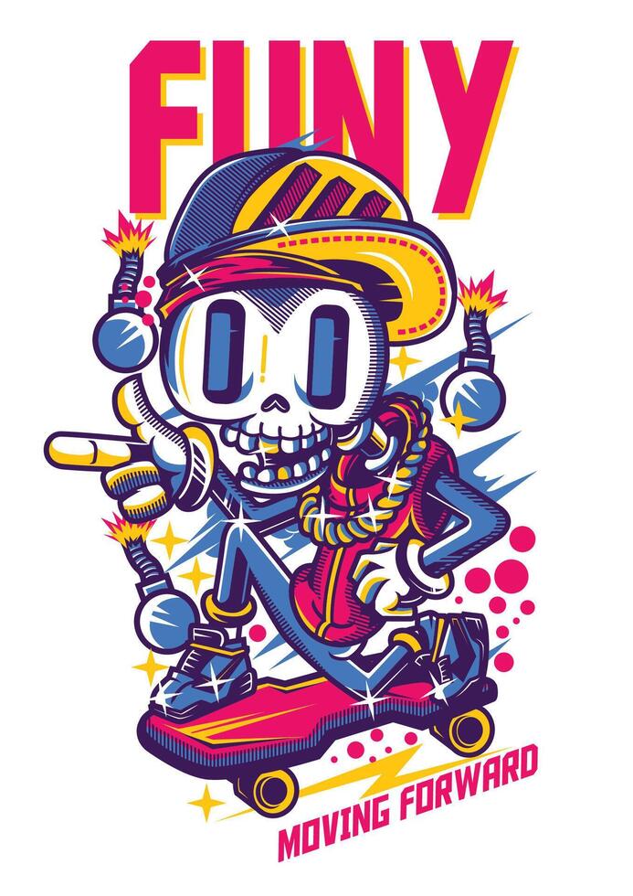Funny Moving Forward Skateboard Skeleton Graphic T-Shirt Design vector