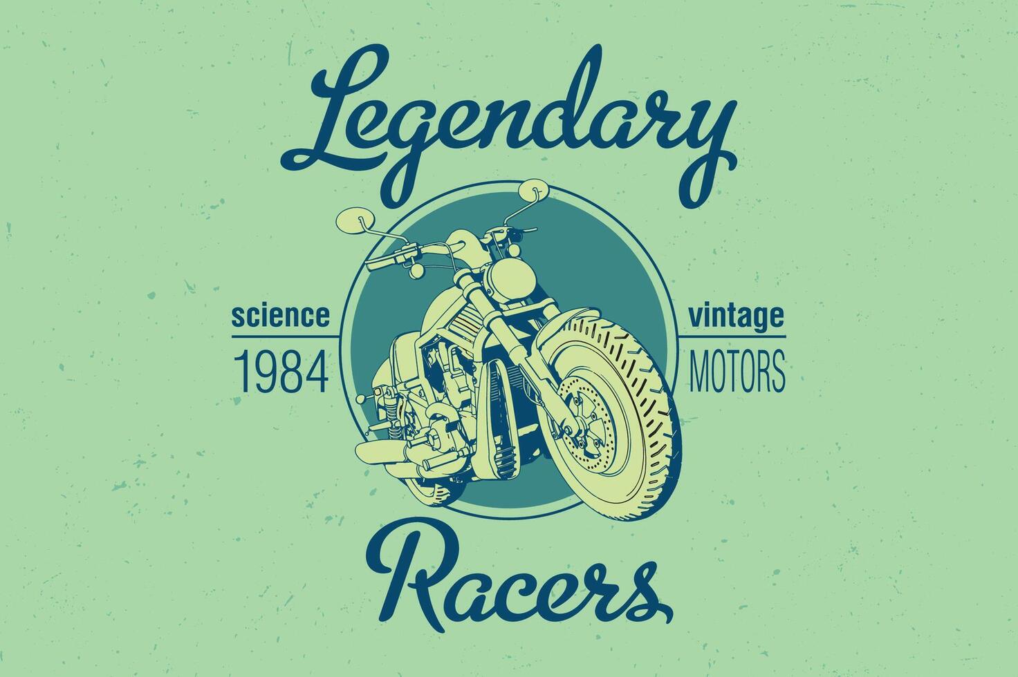 High-impact t-shirt design featuring a dynamic motorcycle racing illustration paired with bold vintage typography that reads Legendary 1984 Racers. vector