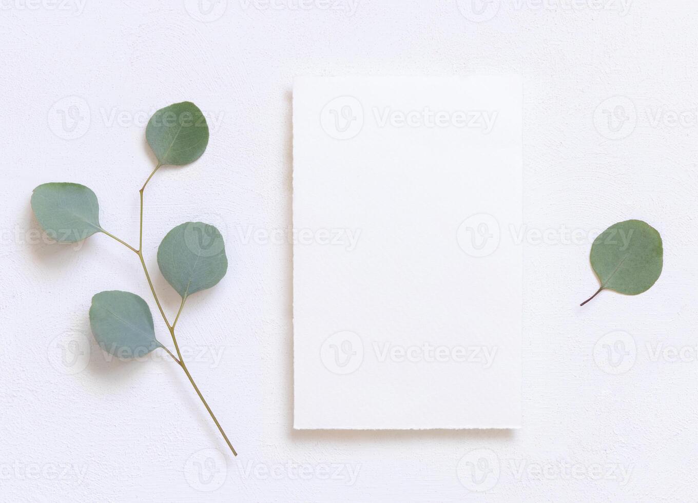 vertical paper Card on a white table near green eucalyptus branches and leaves, Wedding mockup photo
