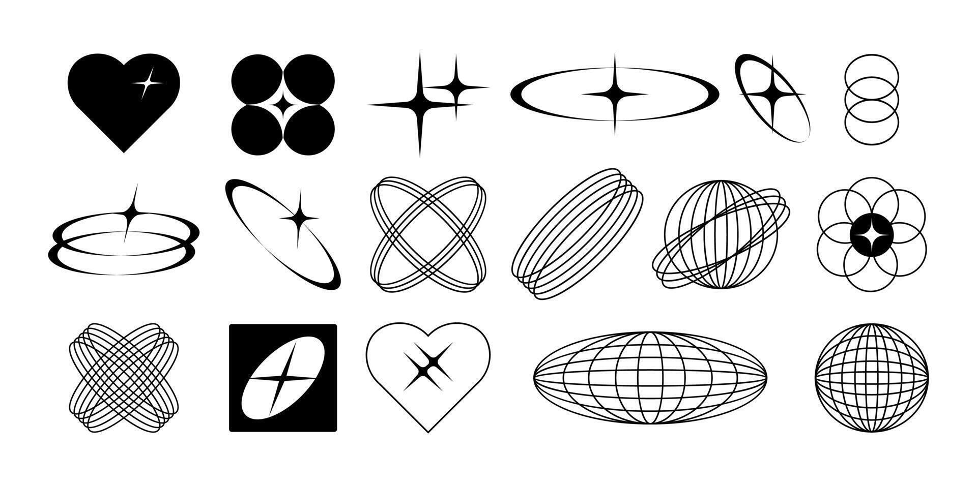 Modern retro geometric shapes,hearts,planets,stars vector