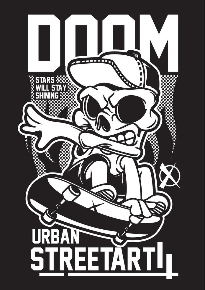 Skateboard Gothic Skull Graphic Tee Art Black and White Design vector