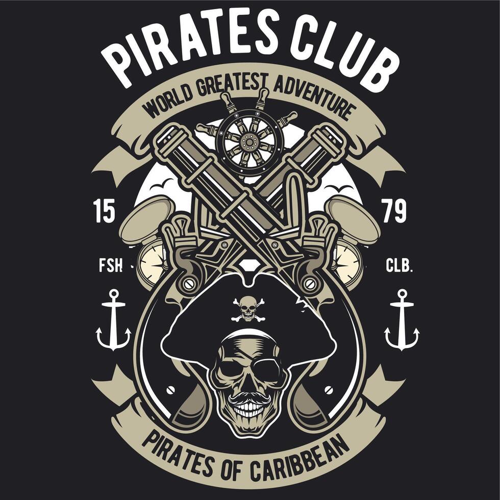 Animated Pirates Club t-shirt design featuring a bold pirate-themed illustration, perfect for merchandise, branding, and promotional content. vector