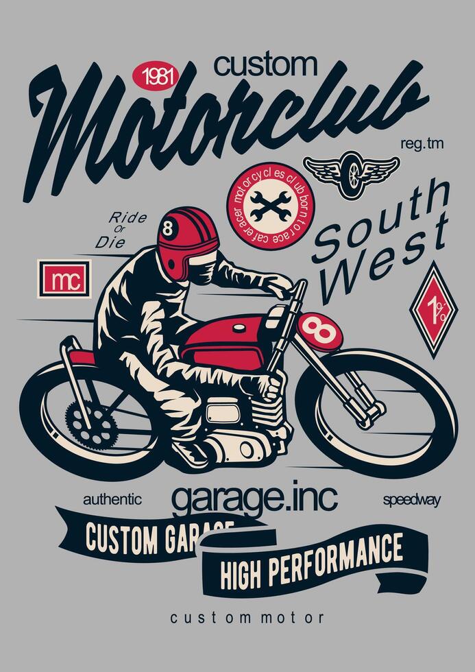 Animated custom Motorclub classic t-shirt design illustration. Perfect for branding, apparel, and merchandise promotions. vector