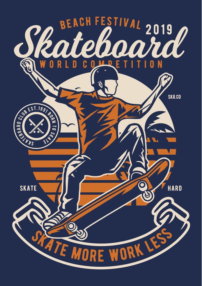 Vibrant animated t-shirt design featuring a skateboard and beach theme, perfect for surf and skate brands. vector