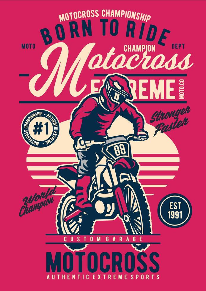 Dynamic animated illustration of a bold Motocross Extreme t-shirt design, perfect for action sports enthusiasts and apparel branding vector