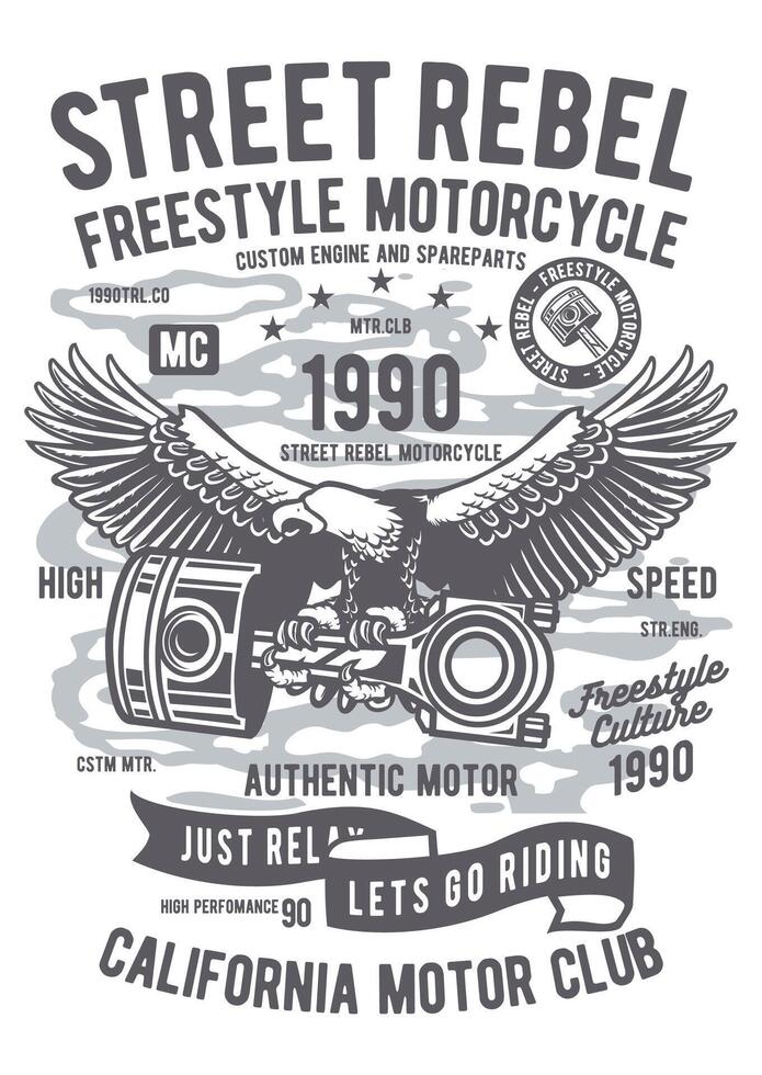 Dynamic animated illustration of a rebellious motorcycle-themed t-shirt design, perfect for sporty and edgy apparel. vector